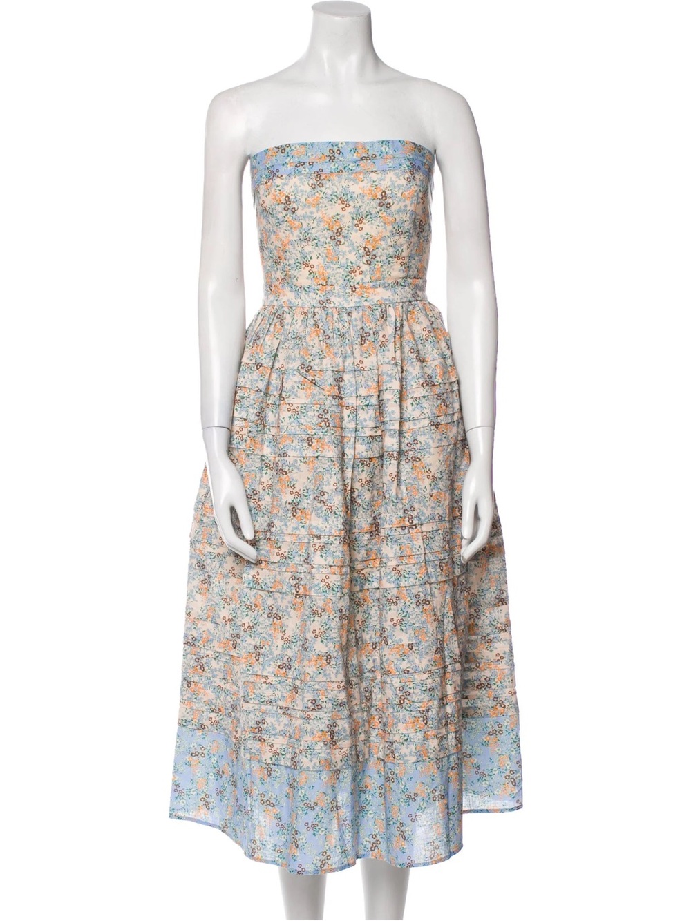 HUNTER BELL Strapless Floral Midi Dress in Light Blue and Peach